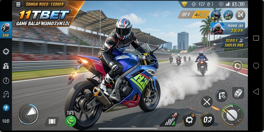 Tangkapan layar gameplay 11TBET yang mendebarkan saat balapan motor.