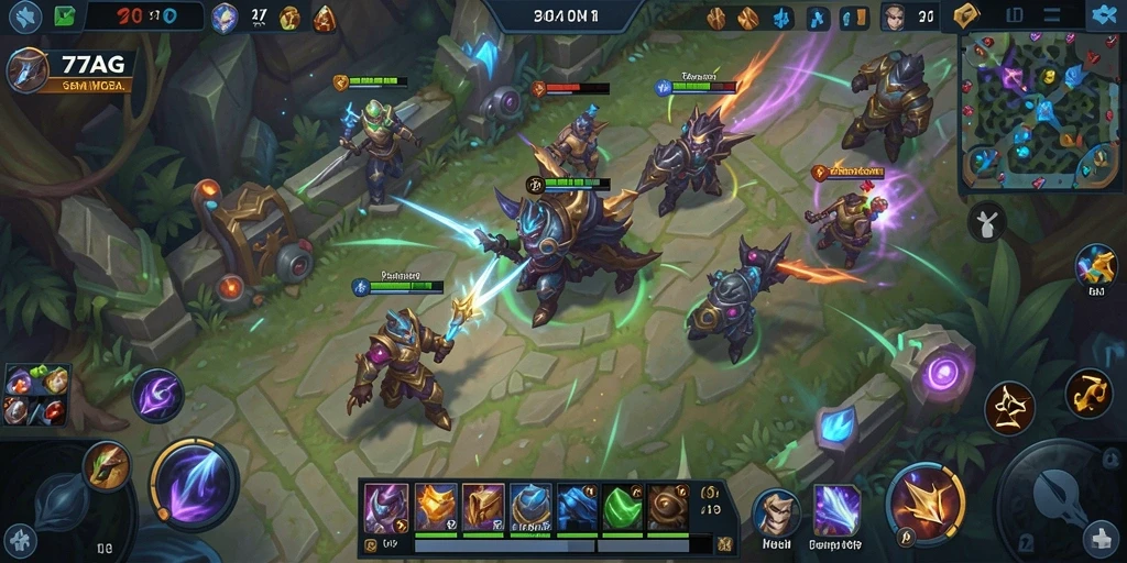Tangkapan layar utama 77AG menampilkan aksi gameplay MOBA yang mendebarkan.