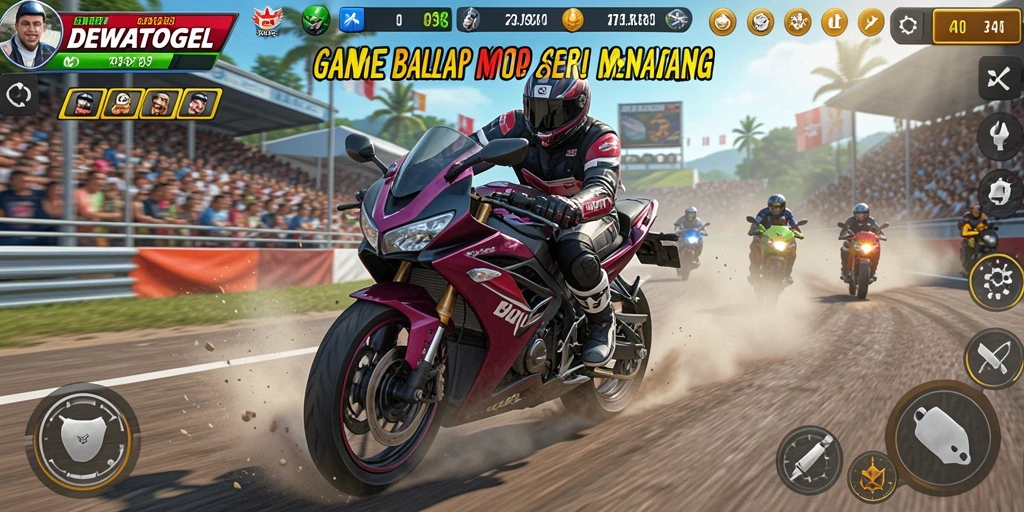 Screenshot gameplay DEWATOGEL menampilkan balapan motor yang seru.