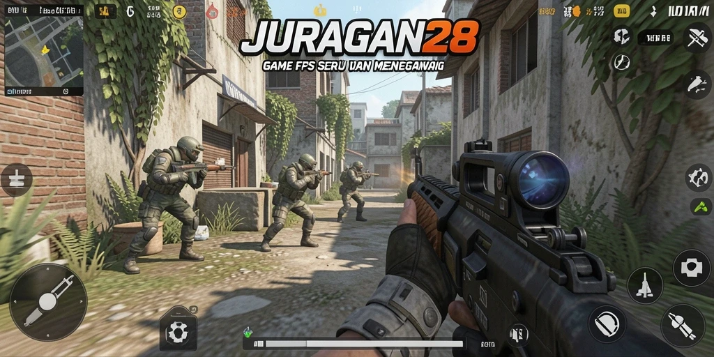 Screenshot memperlihatkan aksi seru dalam gameplay FPS JURAGAN28.