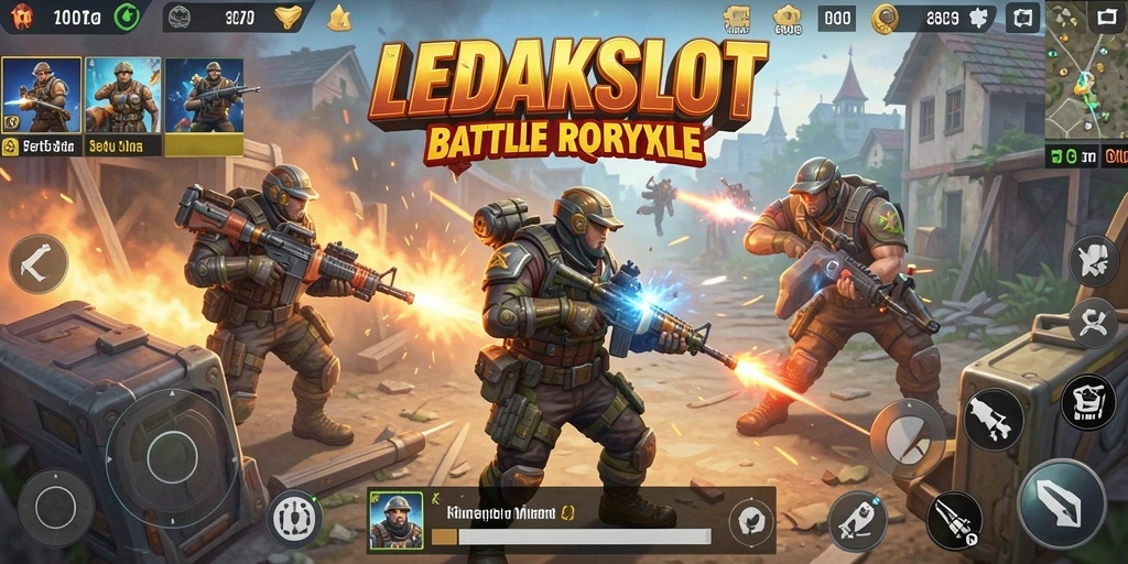Tangkapan layar utama LEDAKSLOT yang menunjukkan aksi pertempuran Battle Royale yang seru.