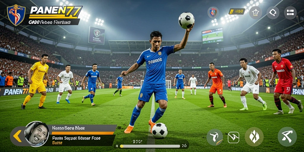 Tangkapan layar menunjukkan gameplay seru dalam pertandingan sepak bola.