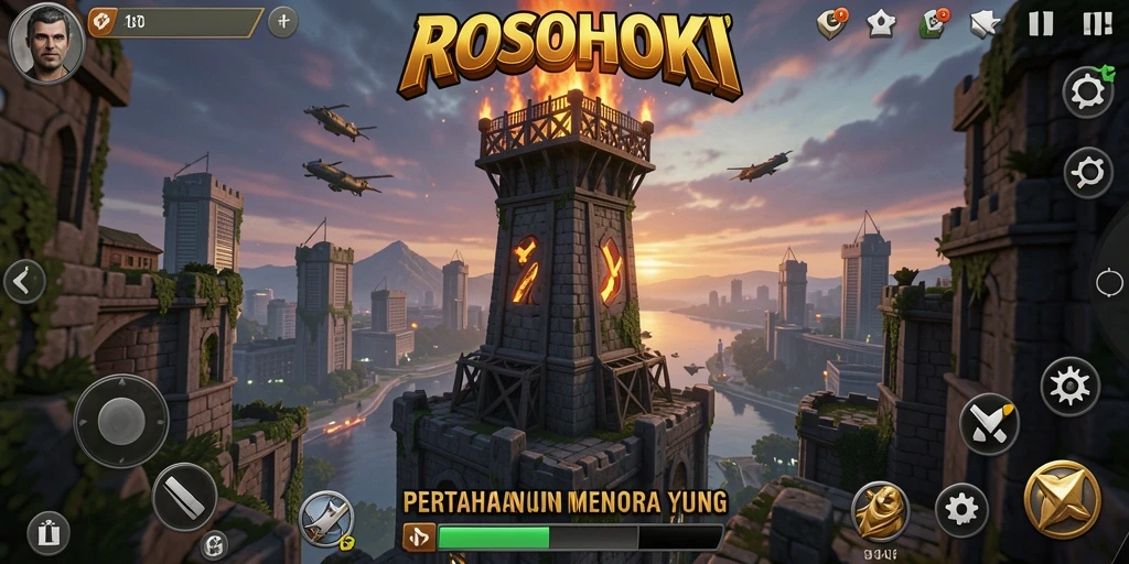 Tampilan gameplay menegangkan di <strong>ROSOHOKI</strong> dengan menara dan musuh.