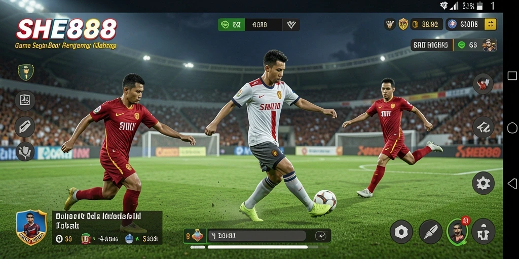 Tampilan gameplay SHE888 dengan aksi sepak bola yang mendebarkan.